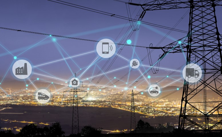 An Electric Utility Landscape at night with IoT bubbles.