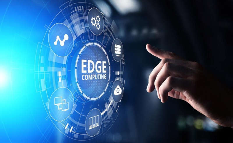 A hand about to touch a circular screen with "Edge Computing" in the center surrounded by device icons.