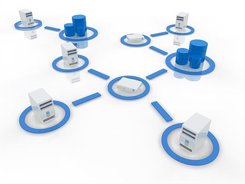 Routers connect a network of servers and server stacks.