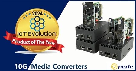 IoT Evolution Product of the Year Logo with Perle 10G Media Converters
