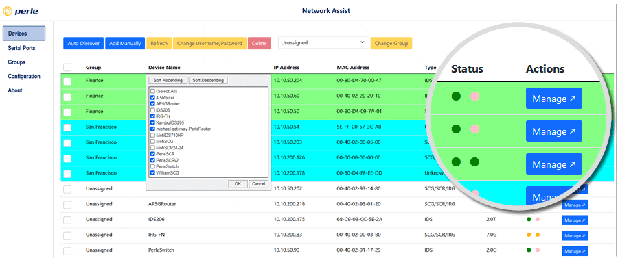 Network Assist screenshot highlighting manage button